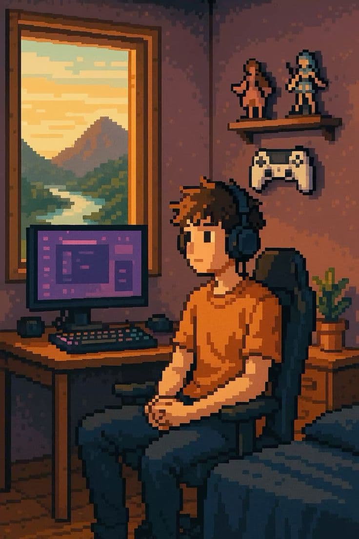 Pixel art illustration: developer at desk in a cozy room